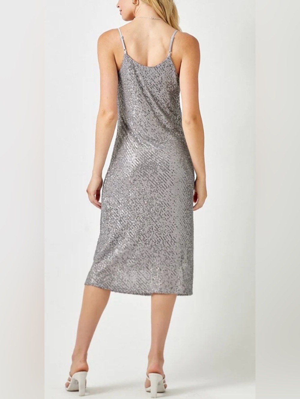 Silver Sequin Slip Dress with Cowl Neck - Picture 4 of 4